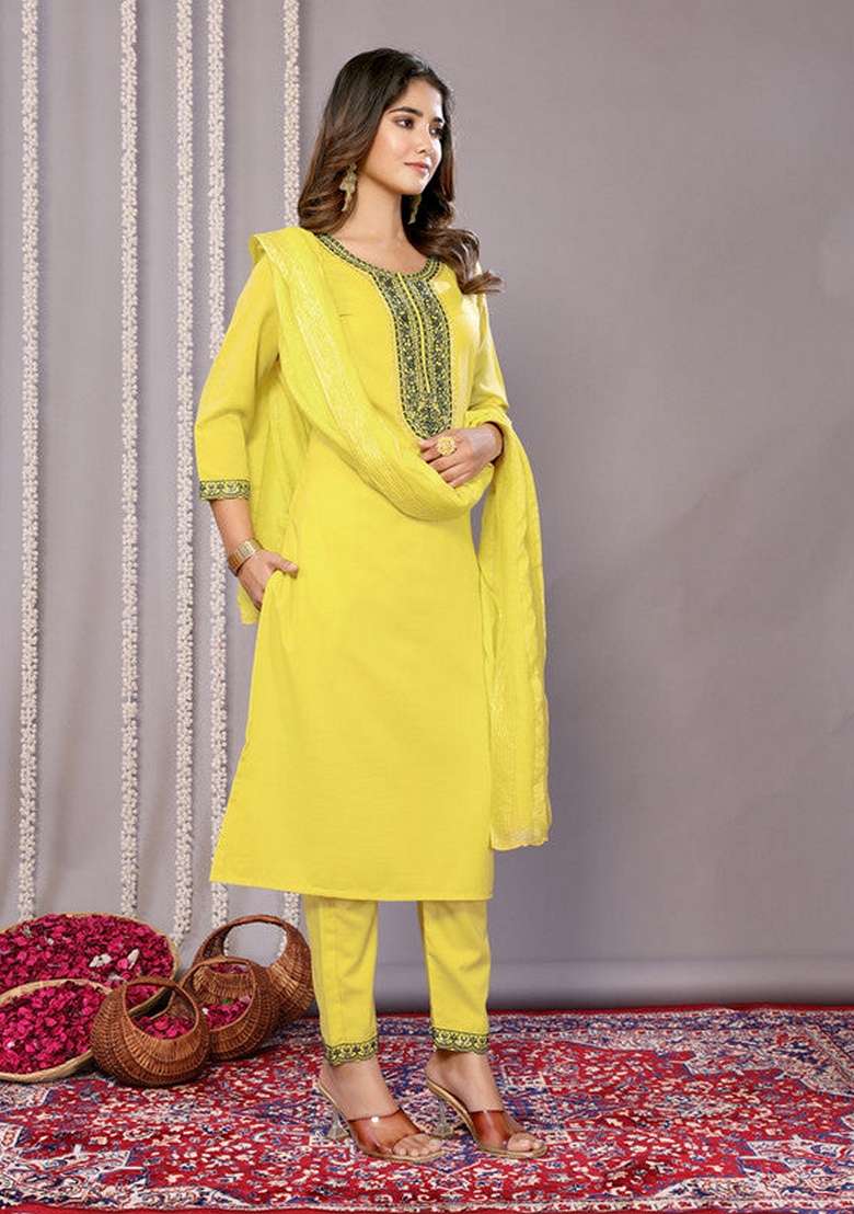 Yellow Embroidered Blended Straight Kurta Set - Indya