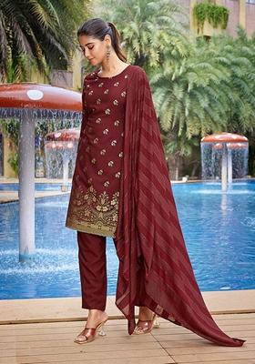 Maroon Printed Crepe Salwar Kameez With Dupatta
