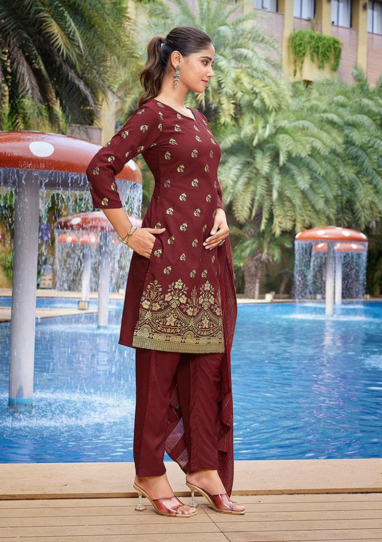 Maroon Printed Crepe Salwar Kameez With Dupatta