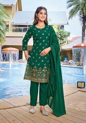 Bottle Green Printed Crepe Salwar Kameez With Dupatta