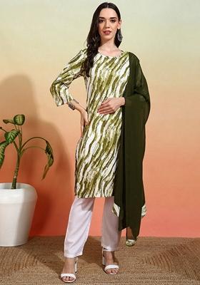 Mehndi Green Printed Crepe Salwar Kameez With Dupatta