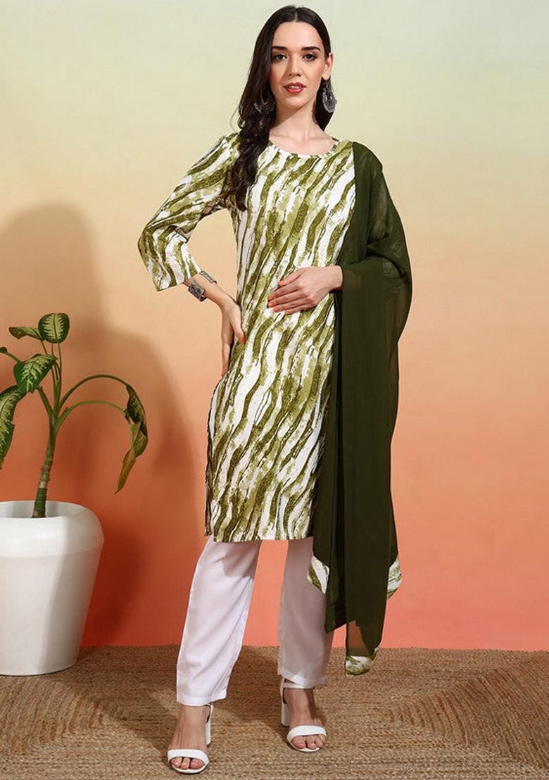 Mehndi Green Printed Crepe Salwar Kameez With Dupatta