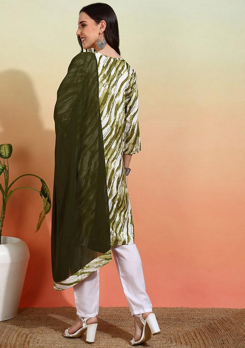 Mehndi Green Printed Crepe Salwar Kameez With Dupatta