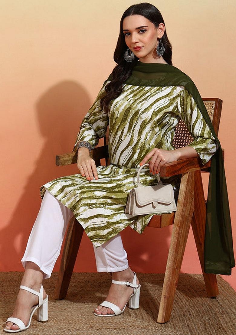 Mehndi Green Printed Crepe Salwar Kameez With Dupatta