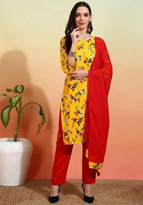 Yellow And Red Printed Crepe Salwar Kameez With Dupatta