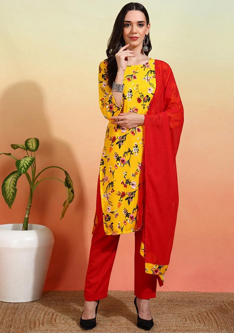 Yellow And Red Printed Crepe Salwar Kameez With Dupatta