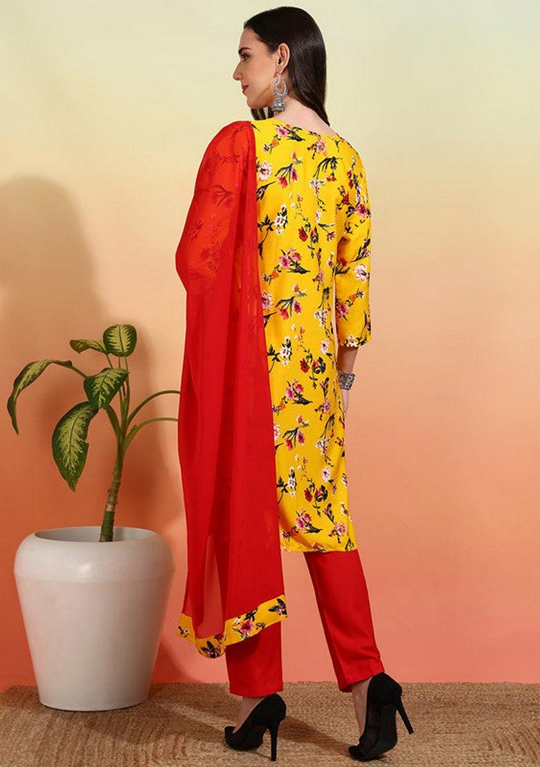 Yellow And Red Printed Crepe Salwar Kameez With Dupatta