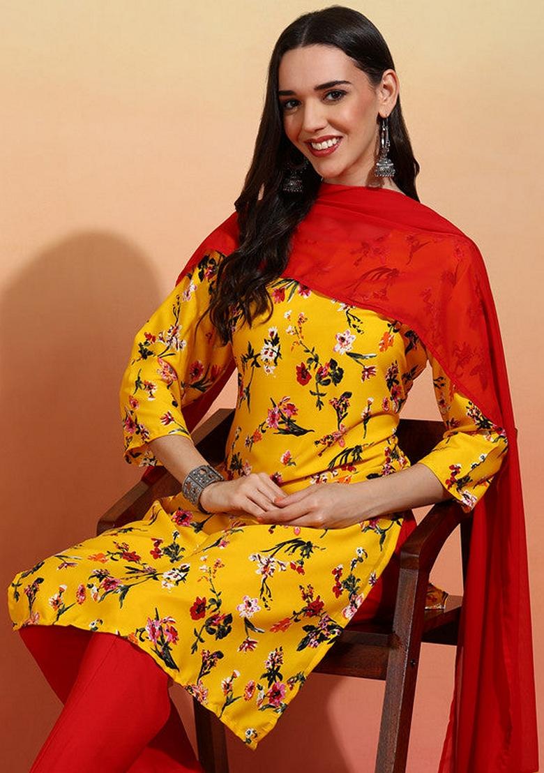 Yellow And Red Printed Crepe Salwar Kameez With Dupatta