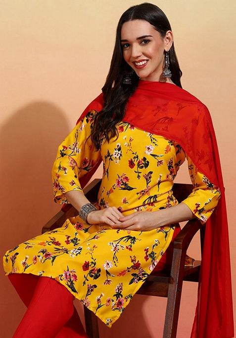 Yellow And Red Printed Crepe Salwar Kameez With Dupatta