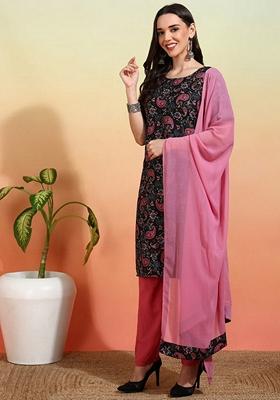 Black And Pink Printed Crepe Salwar Kameez With Dupatta