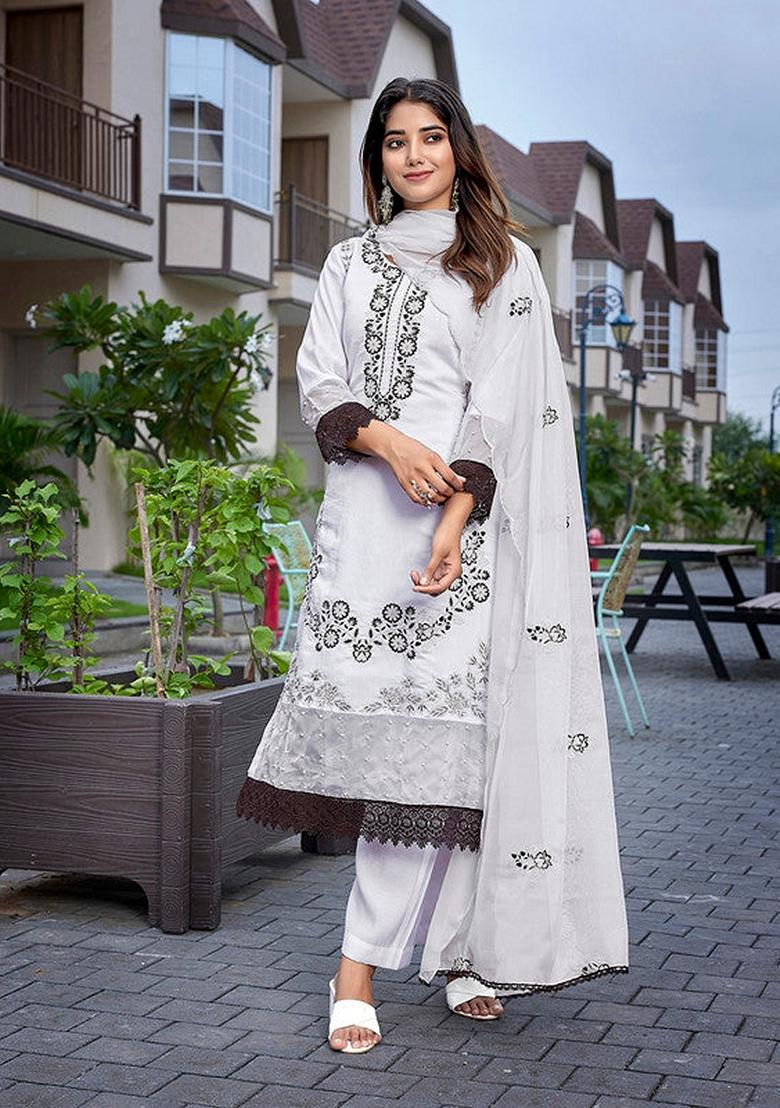 White And Black Embroidered Chanderi Salwar Kameez With Dupatta