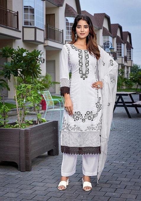 White And Black Embroidered Chanderi Salwar Kameez With Dupatta