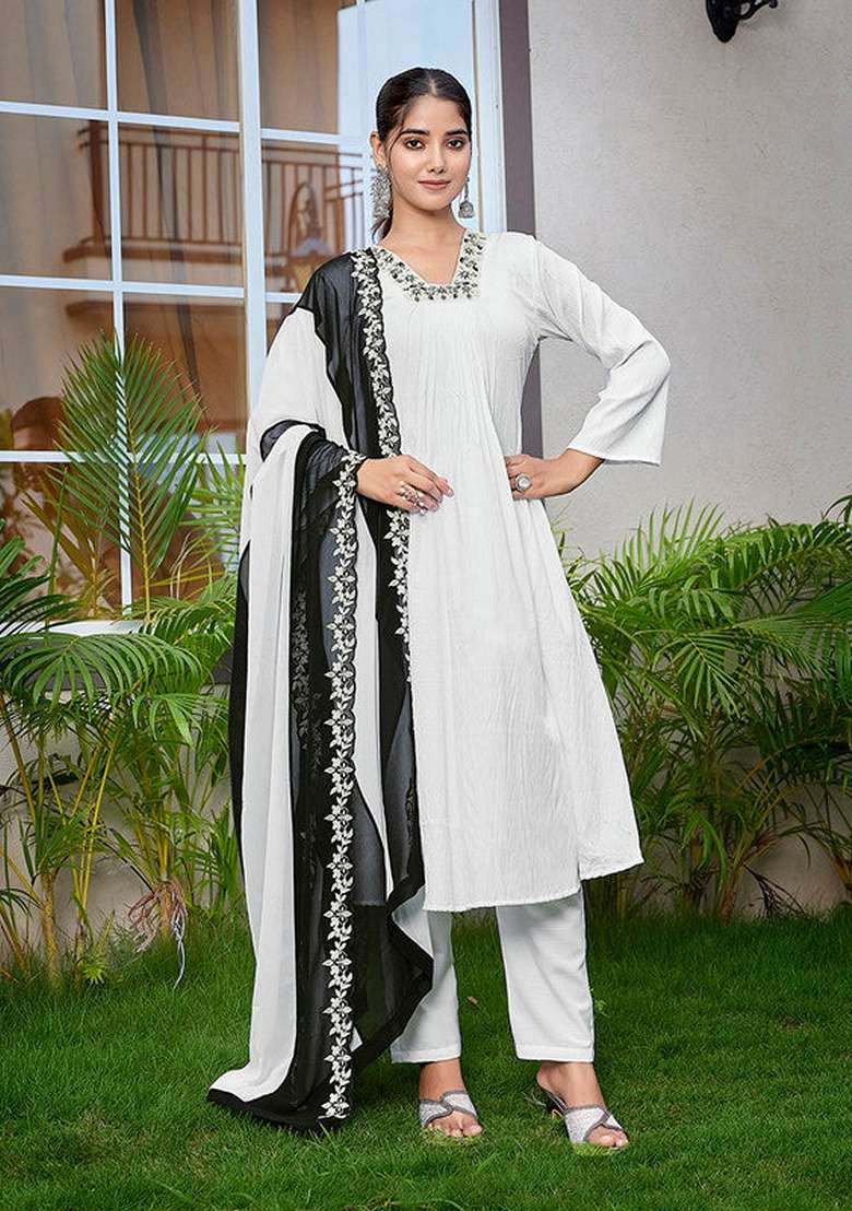 White Embroidered Viscose Straight Kurta Set - Indya