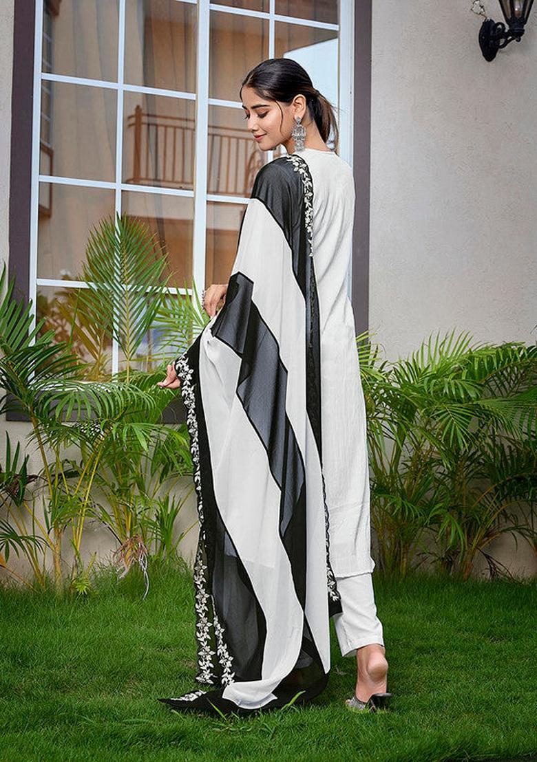 White Solid Viscose Salwar Kameez With Dupatta