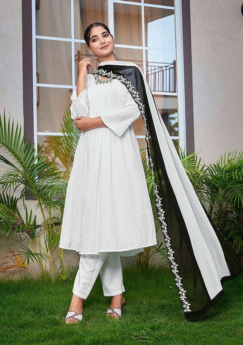 White Embroidered Viscose Straight Kurta Set - Indya