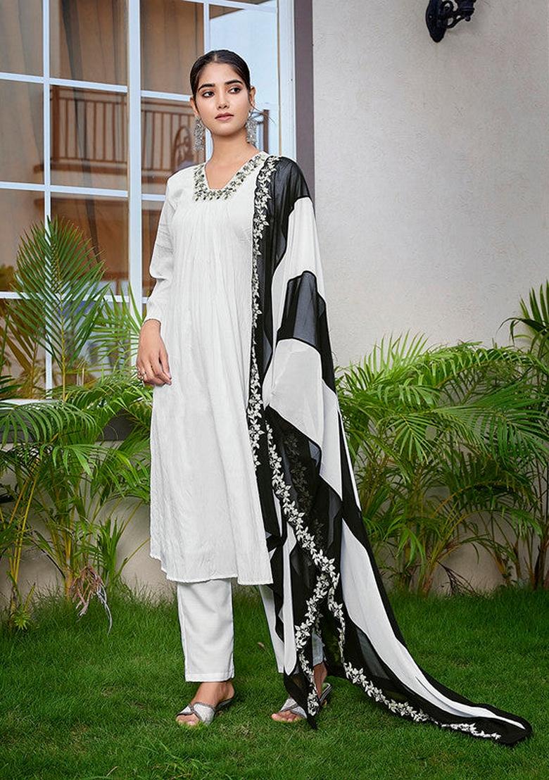 White Solid Viscose Salwar Kameez With Dupatta