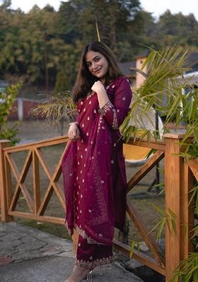 Purple Embroidered Viscose Silk Palazzo Set With Dupatta