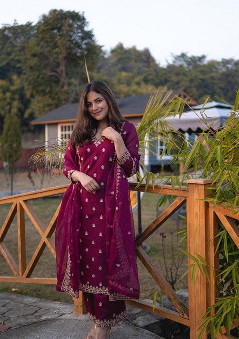 Purple Embroidered Viscose Silk Palazzo Set With Dupatta