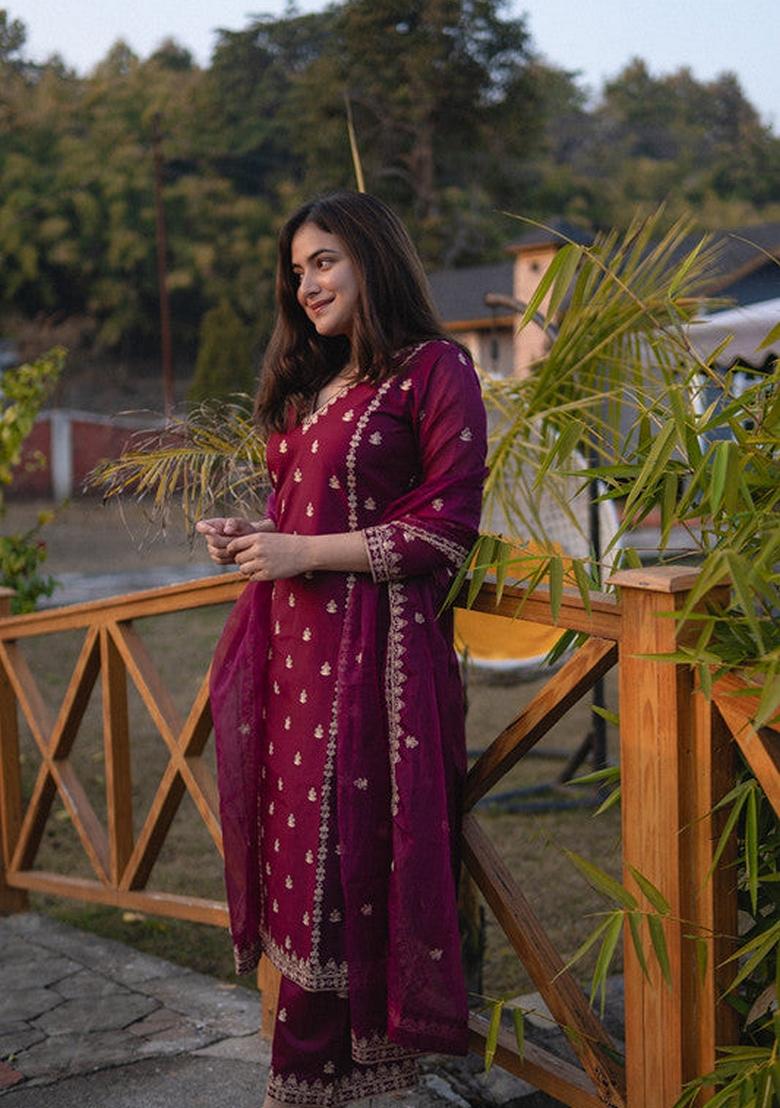 Purple Embroidered Viscose Silk Palazzo Set With Dupatta