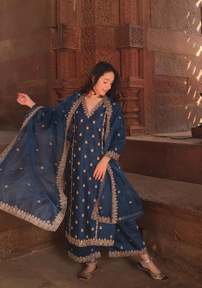 Blue Embroidered Viscose Silk Palazzo Set With Dupatta