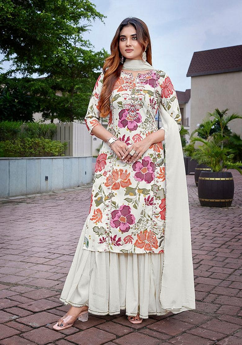 Multicolour Embroidered Viscose Salwar Kameez With Dupatta