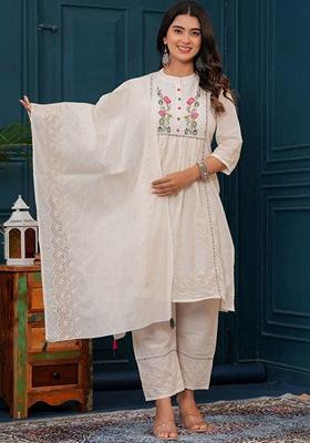 Beige Embroidered Cotton Salwar Kameez With Dupatta