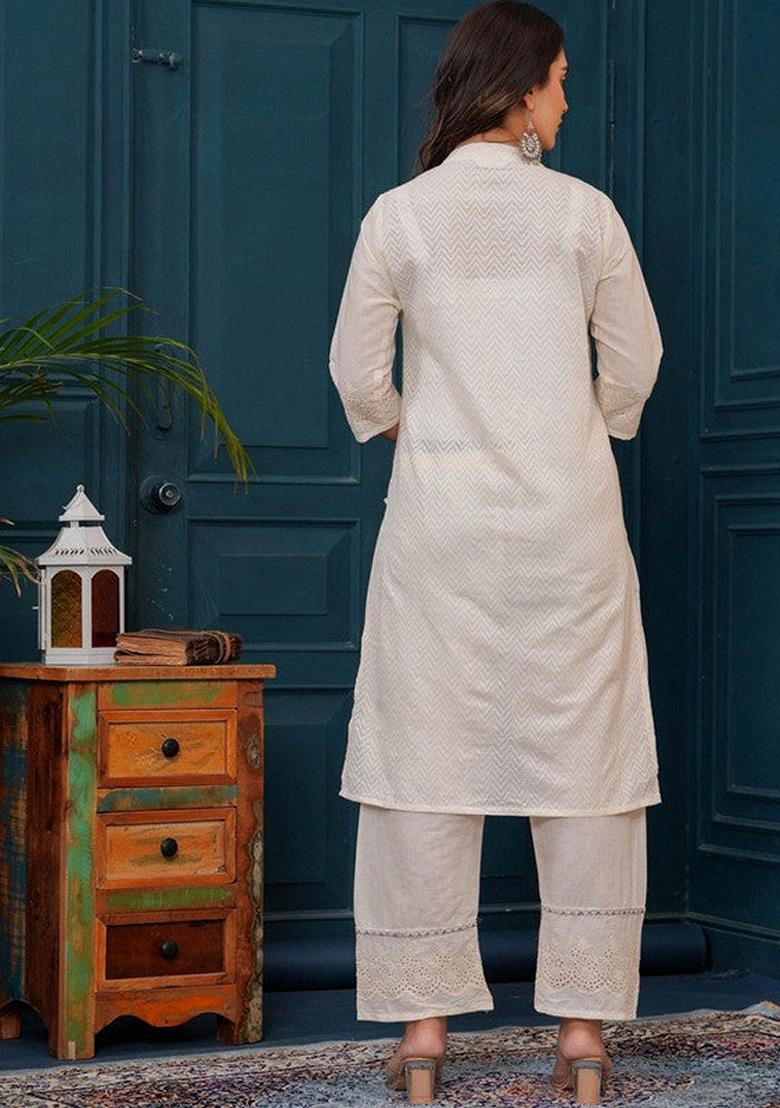 Beige Embroidered Cotton Salwar Kameez With Dupatta