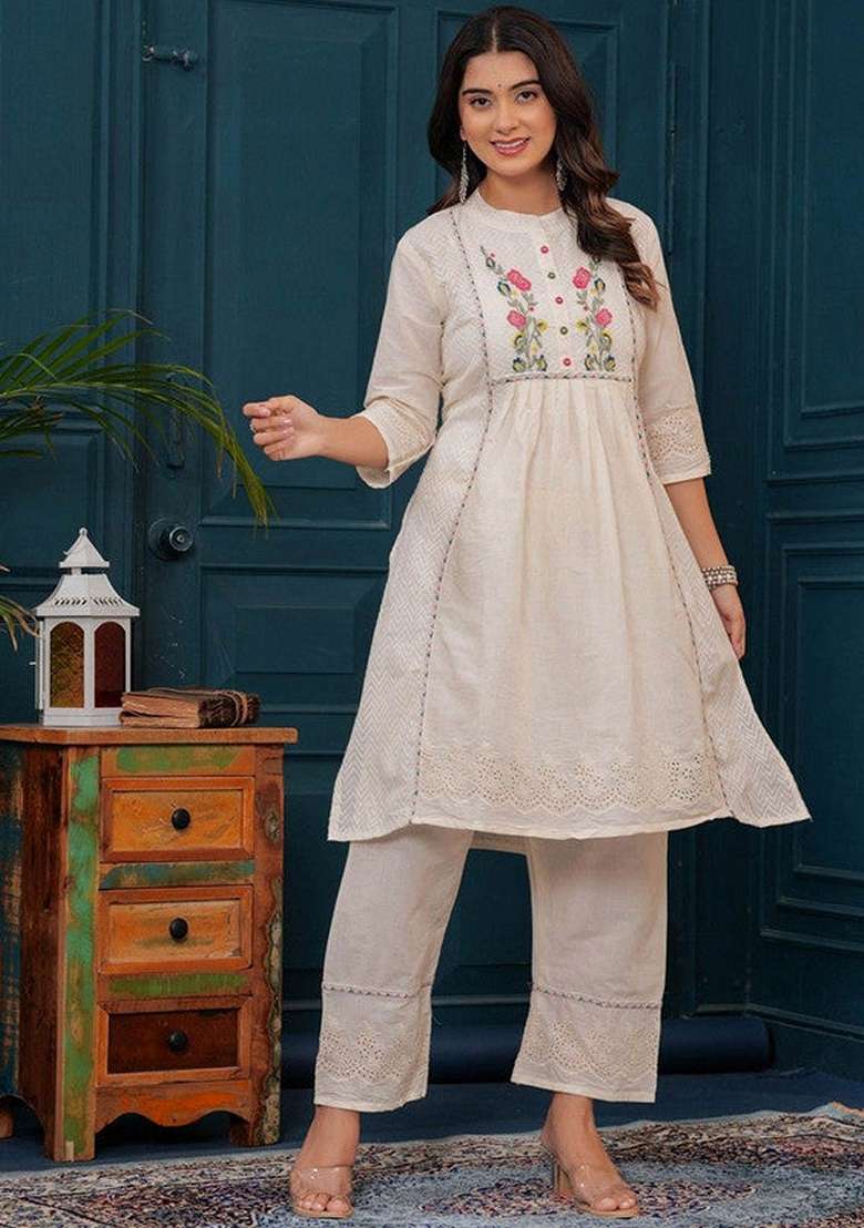 Beige Embroidered Cotton A Line Kurta Set - Indya