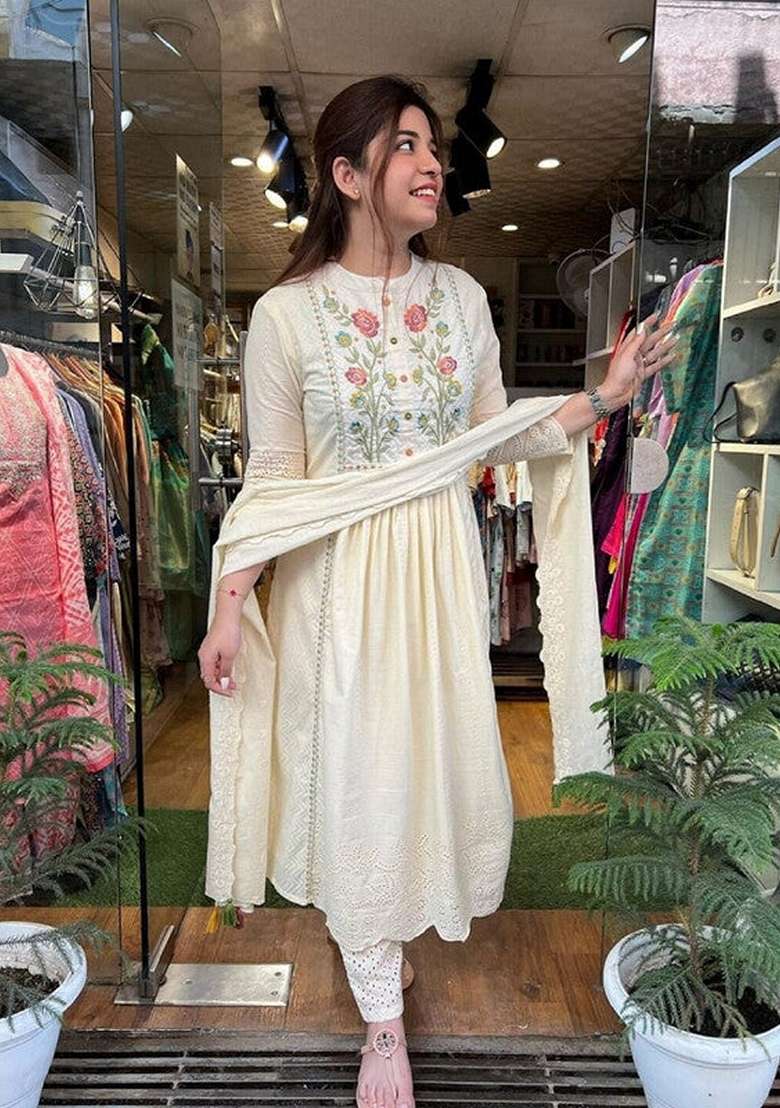Beige Embroidered Cotton Anarkali Set - Indya