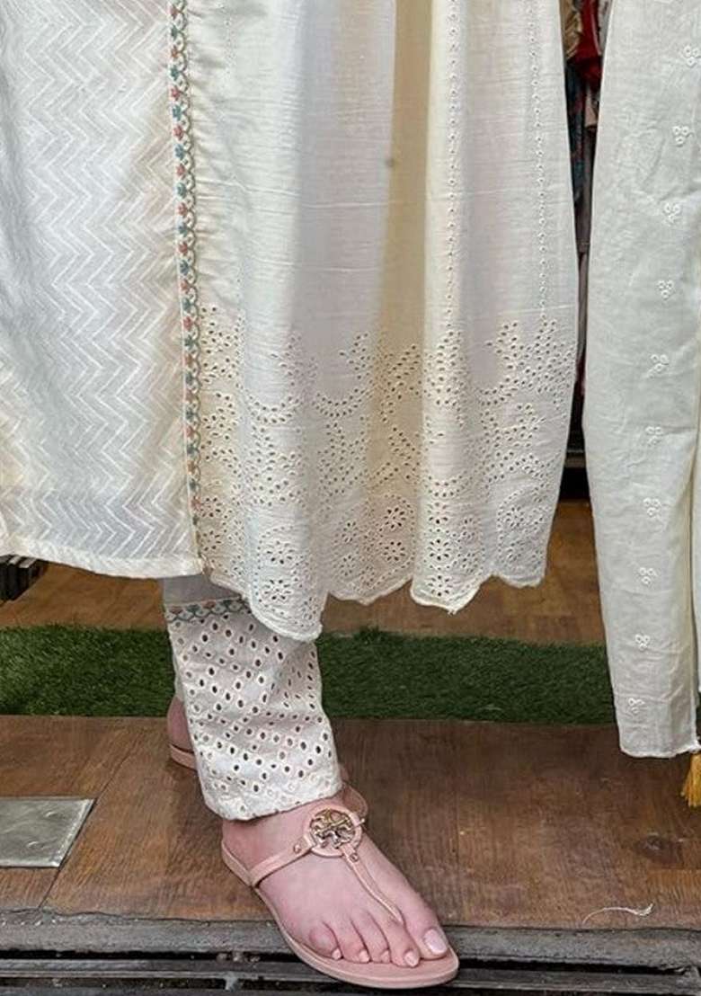 Beige Embroidered Cotton Anarkali Set - Indya