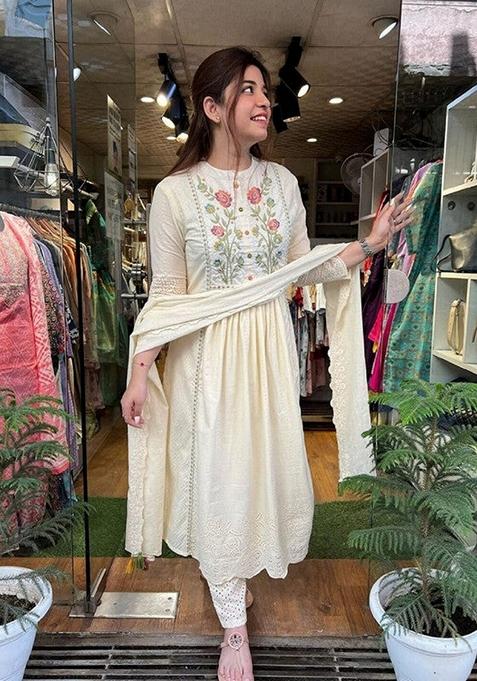 Beige Embroidered Cotton Salwar Kameez With Dupatta