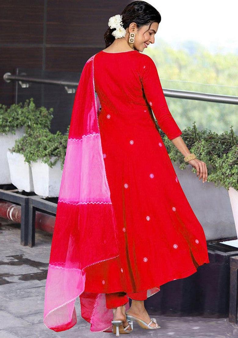 Red Embroidered Viscose Salwar Kameez With Dupatta