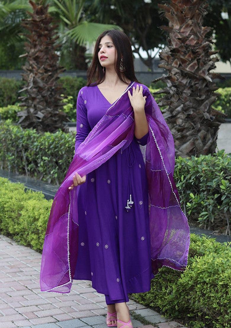 Purple Embroidered Viscose Salwar Kameez With Dupatta