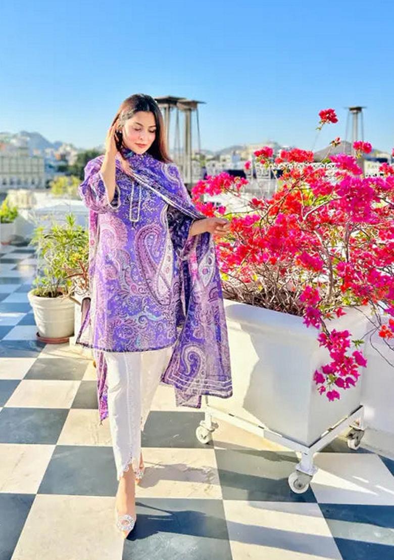 Purple Printed Viscose Salwar Kameez With Dupatta