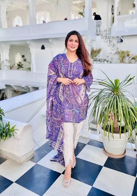 Purple Printed Viscose Salwar Kameez With Dupatta