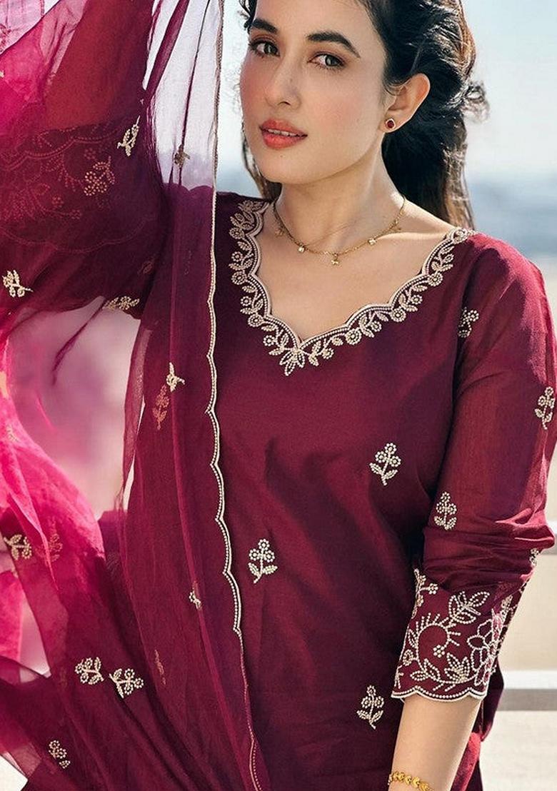 Wine Embroidered Viscose Silk Salwar Kameez With Dupatta