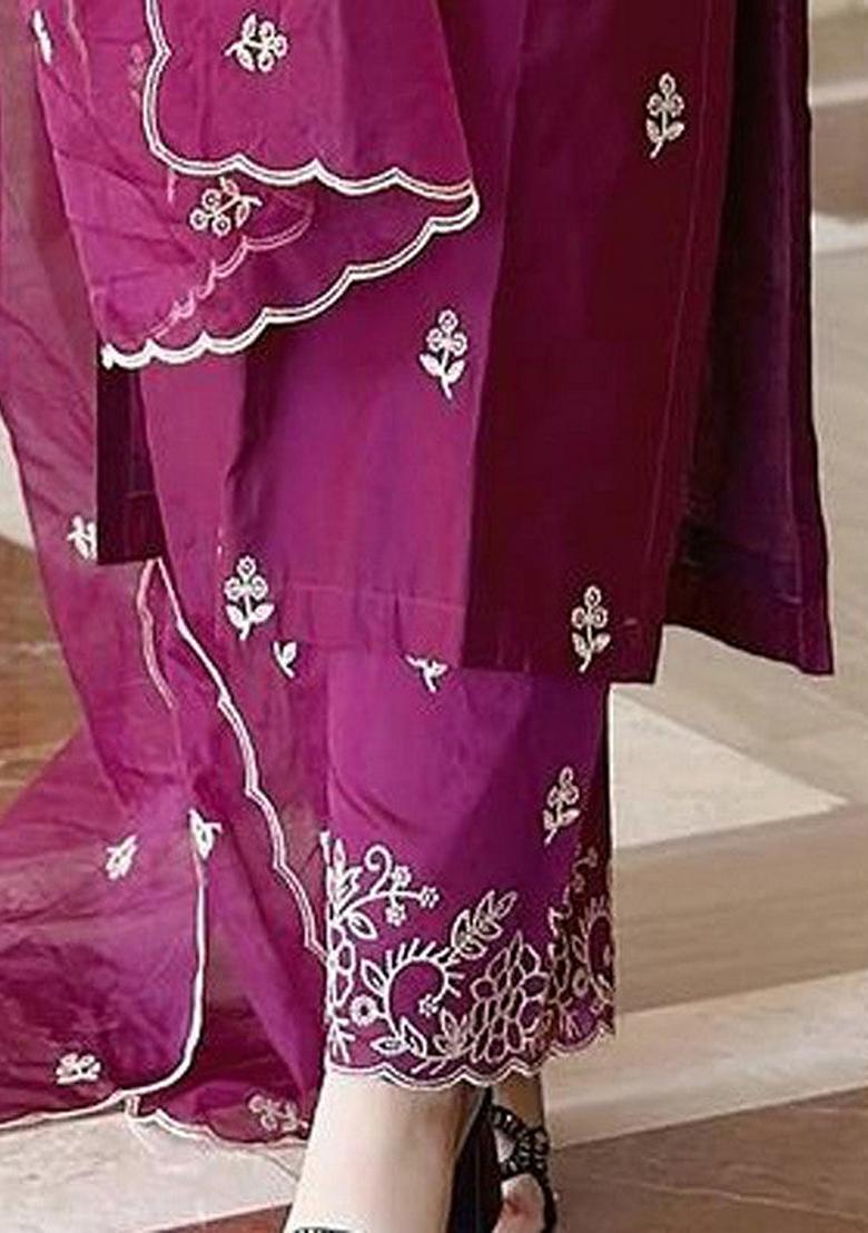 Wine Embroidered Viscose Silk Salwar Kameez With Dupatta