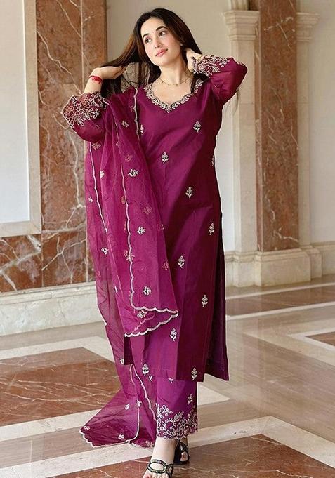 Wine Embroidered Viscose Silk Salwar Kameez With Dupatta