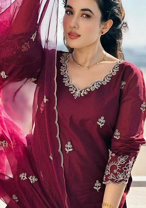 Wine Embroidered Viscose Silk Salwar Kameez With Dupatta