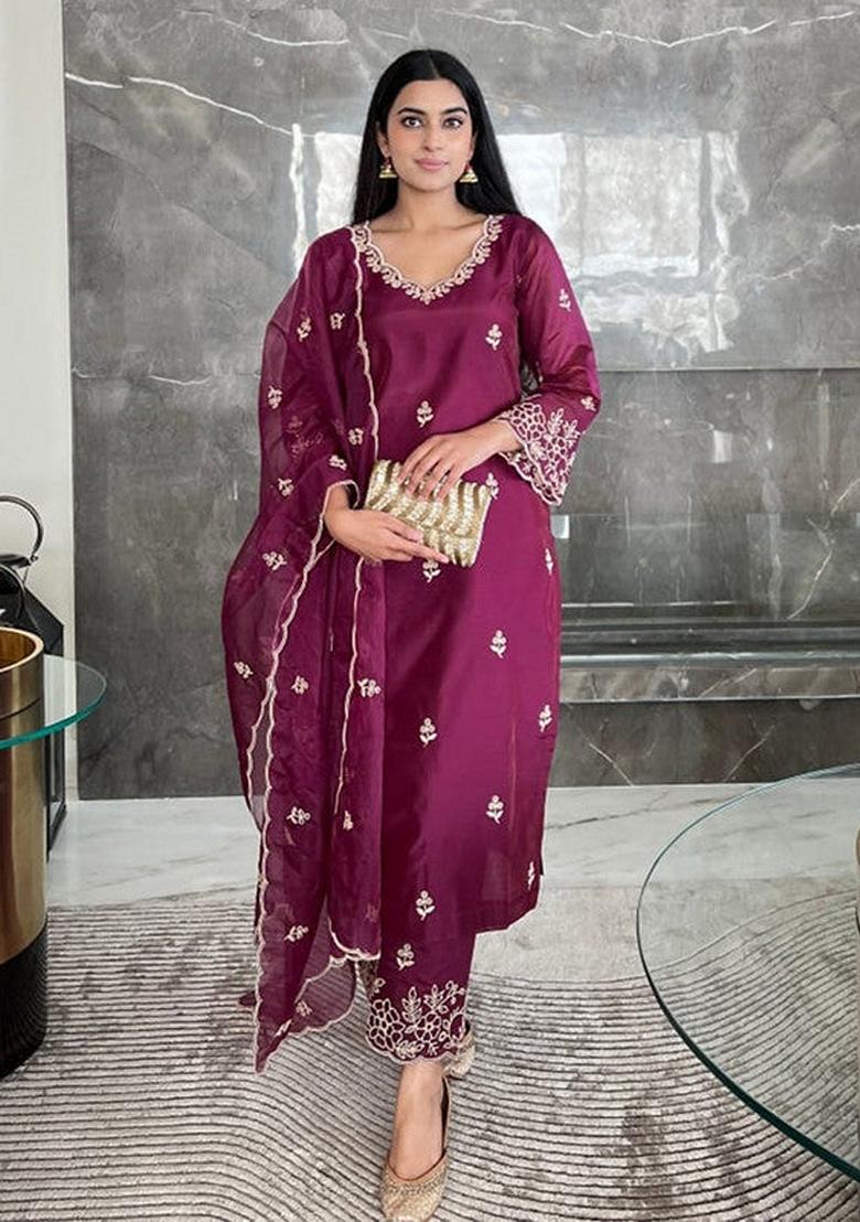 Wine Embroidered Viscose Silk Salwar Kameez With Dupatta