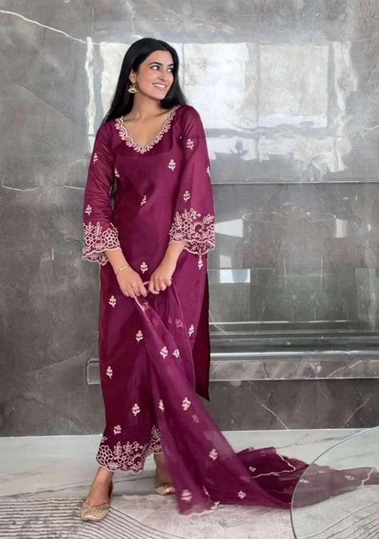 Wine Embroidered Viscose Pakistani Suit Set - Indya