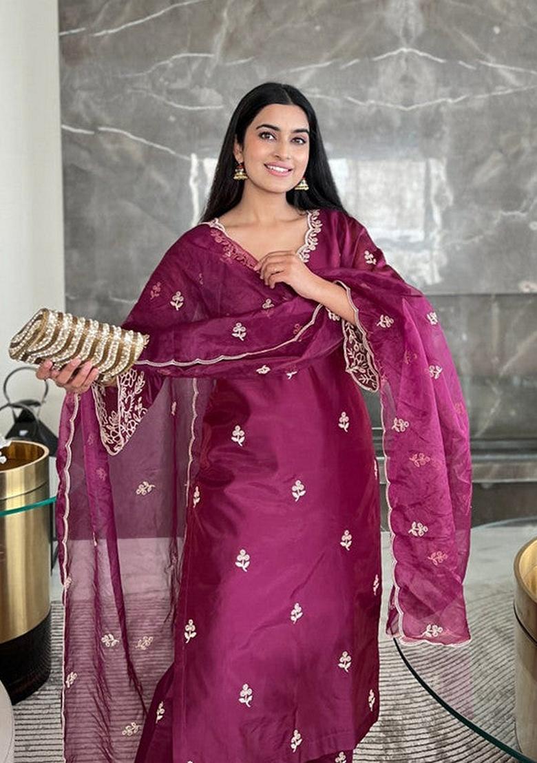 Wine Embroidered Viscose Silk Salwar Kameez With Dupatta