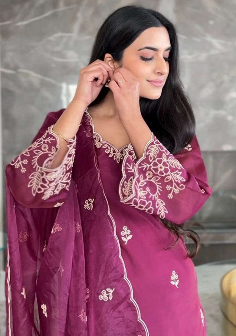 Wine Embroidered Viscose Pakistani Suit Set - Indya