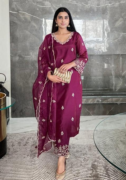 Wine Embroidered Viscose Silk Salwar Kameez With Dupatta