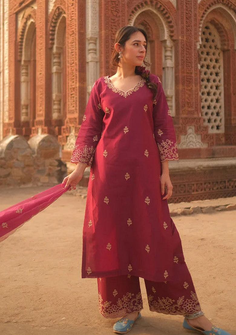 Wine Embroidered Viscose Silk Salwar Kameez With Dupatta