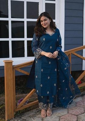 Teal Blue Embroidered Viscose Silk Palazzo Set With Dupatta