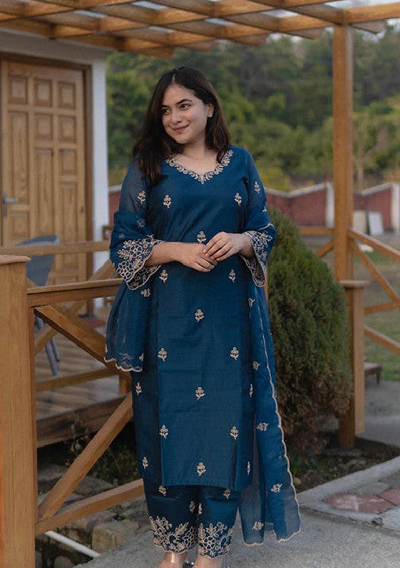 Teal Blue Embroidered Viscose Silk Palazzo Set With Dupatta