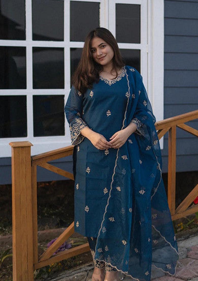 Teal Blue Embroidered Viscose Silk Palazzo Set With Dupatta
