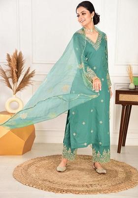 Pine Green Embroidered Chanderi Salwar Kameez With Dupatta