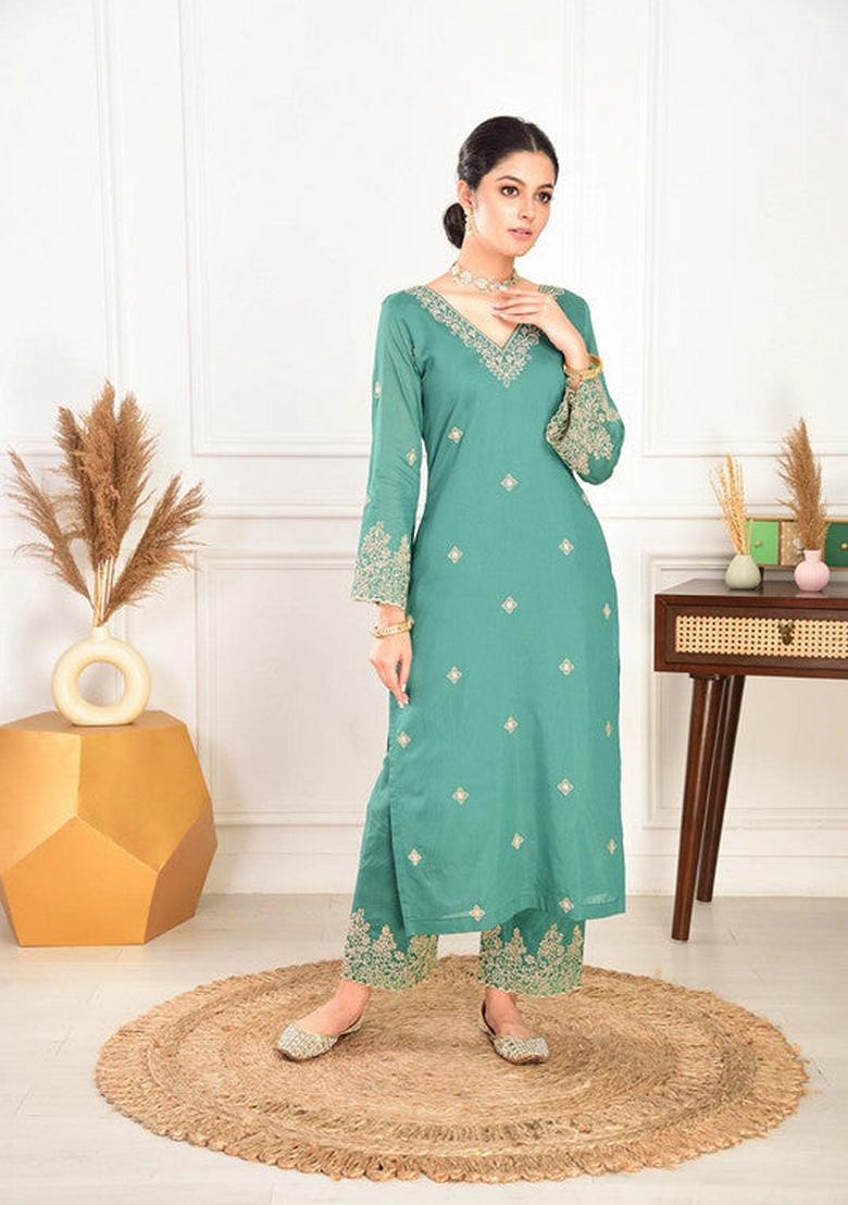 Pine Green Embroidered Chanderi Salwar Kameez With Dupatta